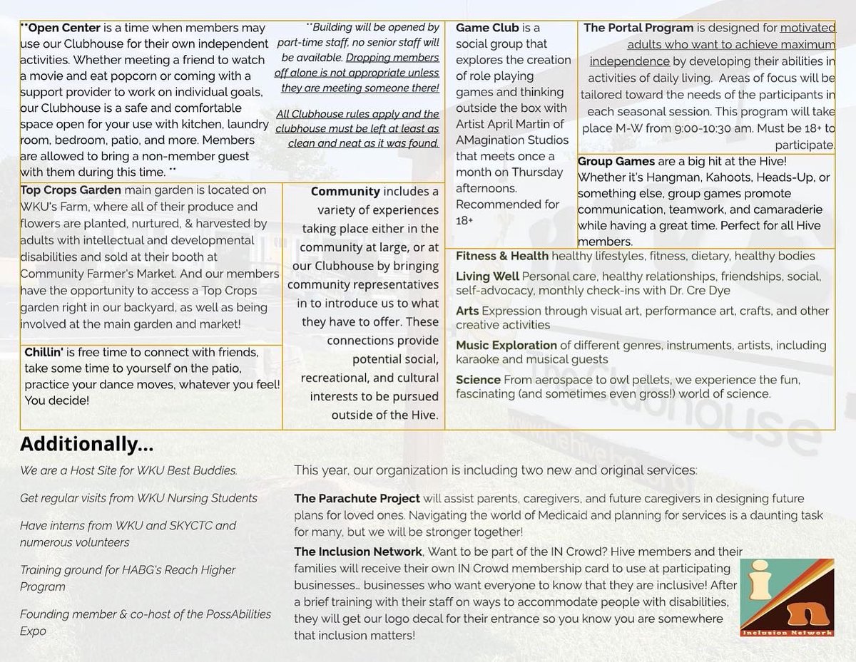 What do you mean you don't know what's shakin' at the Hive?? Fall '22 is all NEW!!!
Here. We got you. 
Read it. Live it. Love it. Share it.
#thehivebg #fall22 #dontdismyability #bgky #bowlinggreenky #inclusion #InCrowd #Clubhouse #meetup #friendship #WKU