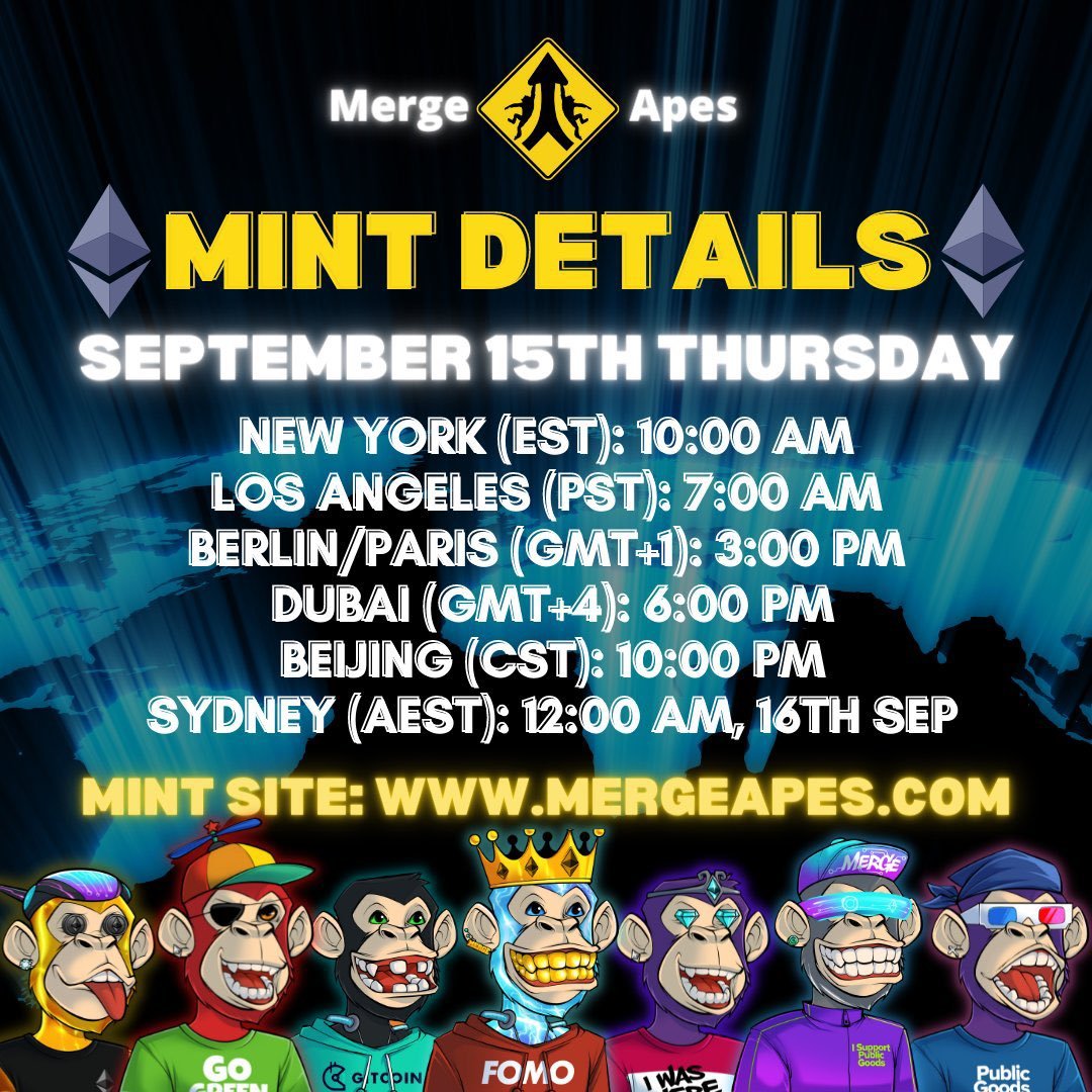 #EthMerge is completed. Now it's time to get a Merge PoAP by minting with 
<a href="/MergeApes/">Merge Apes | 100% MINTED</a>
!

Mint starts at 10AM EST Today on mergeapes.com
Price: 0.06 ETH

#EthereumMerge #ETH #NFTs #NFTLaunch