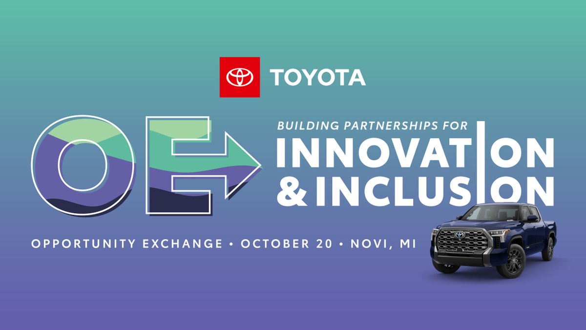ToyotaSD's tweet photo. Toyota's Opportunity Exchange event is near! 

Attend our 2022 #ToyotaOE to expand your network with diverse businesses &amp; Toyota Tier I Suppliers. Don't miss this opportunity, register now: https://t.co/uPZJPQ7vPb. #ToyotaSD https://t.co/nKGtP1ojDV