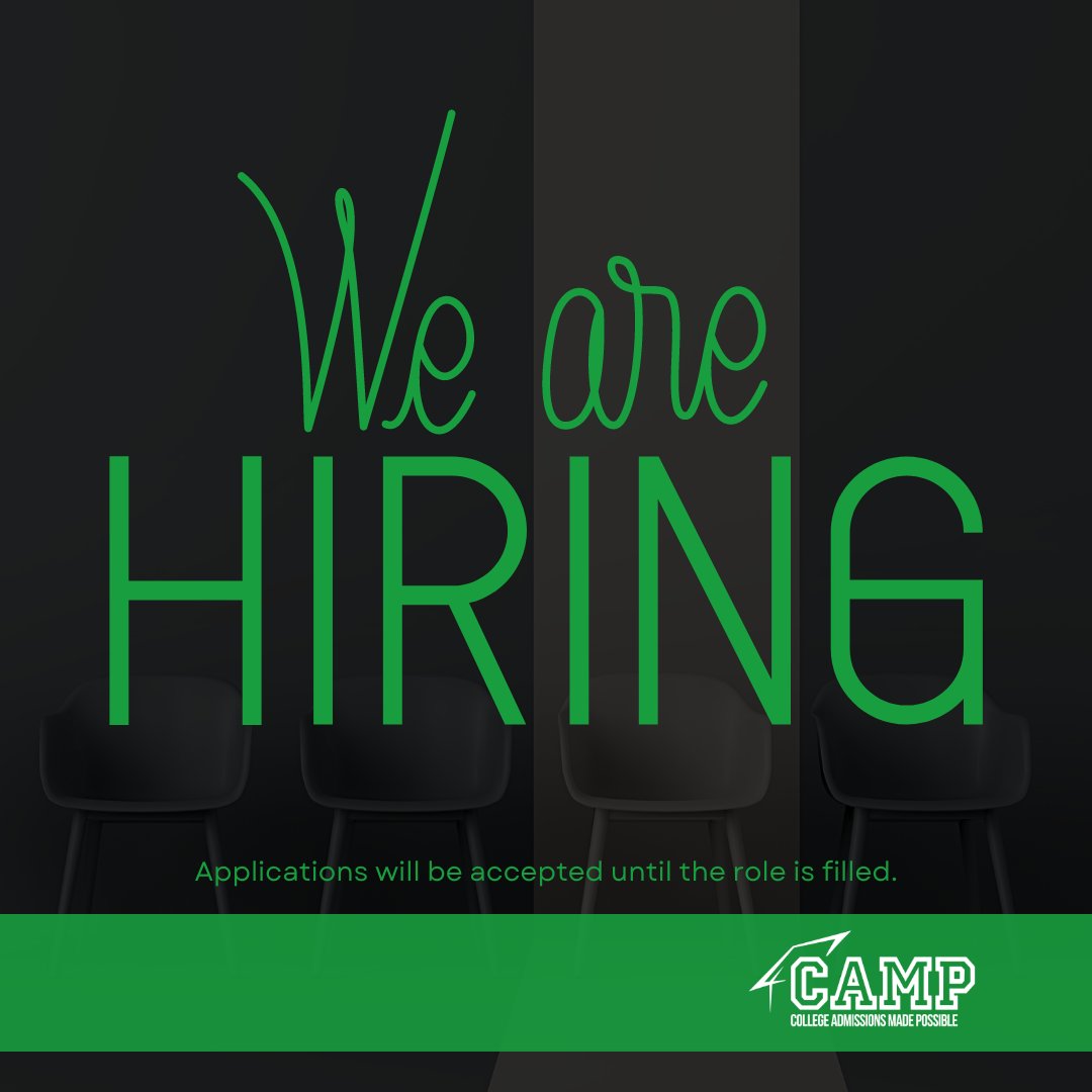 CAMPCollegeAL's tweet photo. Are you interested in joining our team? CAMP is hiring for Executive Director and Director of Programs. 
Send your cover letter and resume as follows:
Email: contact@campcollege.org
Subject: Attn Executive Director Position or
Subject: Attn Director of Programs https://t.co/FjztispPOd