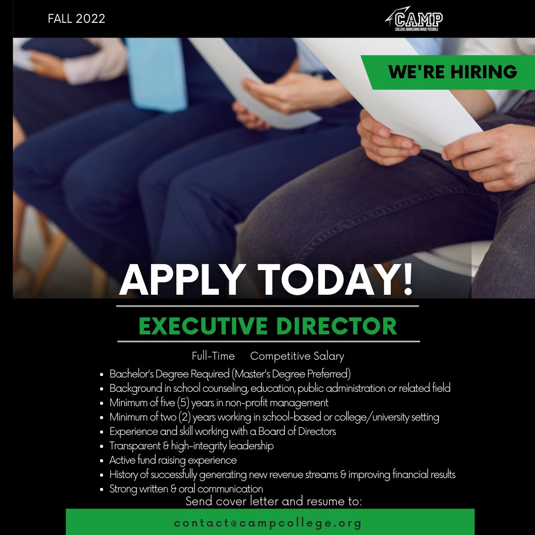 CAMPCollegeAL's tweet photo. Are you interested in joining our team? CAMP is hiring for Executive Director and Director of Programs. 
Send your cover letter and resume as follows:
Email: contact@campcollege.org
Subject: Attn Executive Director Position or
Subject: Attn Director of Programs https://t.co/FjztispPOd