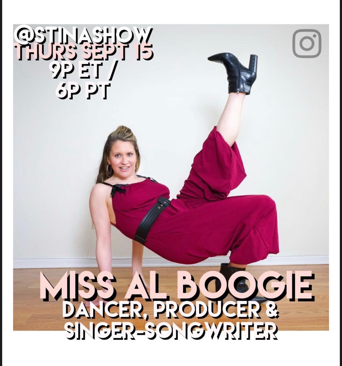 missalboogie's tweet photo. Tonight I’ll be a guest on the @stinashow talking all things crowdfunding, music, dance and putting fun &amp; loving creations into the world.

@stinashow
Thurs, Sep 15
9PM ET/6PM PT
IG Live

Fund my @ifundwomen campaign at https://t.co/ME5lCkf8Jw

#MissAlBoogieIsAVerb #NYCArtist #IG https://t.co/gm6w3cVXoB