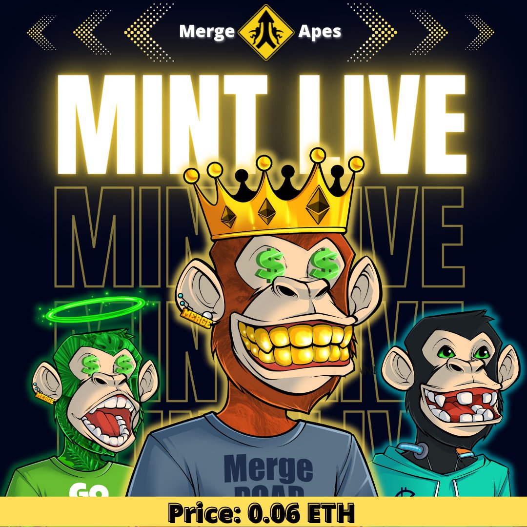 <a href="/MergeApes/">Merge Apes | 100% MINTED</a> Mint is live!!

Get the #EthMerge PoAP at only 0.06 ETH

Mint live on: mergeapes.com

#EthereumMerge #ETH #Merge  #NFTLaunch #NFTs