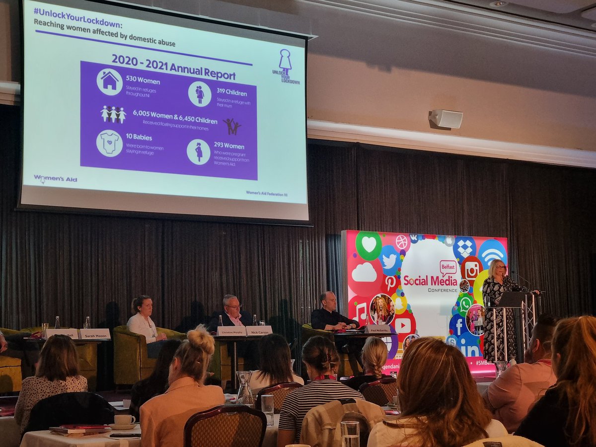 WomensAidNI's tweet photo. "There was a seismic shift on how we got our message out"
Our CEO, Sarah Mason, discussing the #UnlockYourLockdown campaign reaching women affected by domestic abuse during the pandemic at the #SMBelfast Conference https://t.co/IxQbDwlqZY