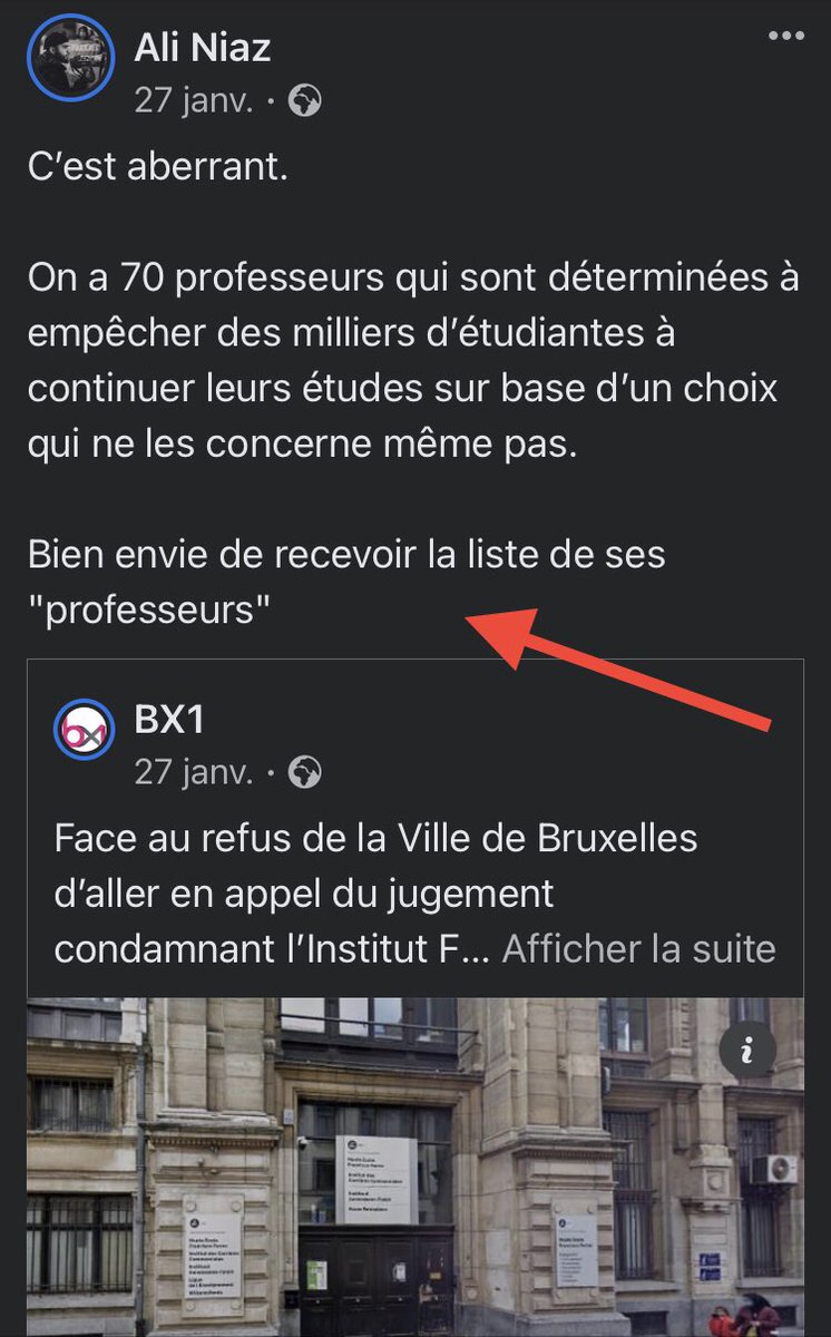 11- #FranciscoFerrer Des professeurs font appel après la plainte de 4 étudiantes #voilées et leur victoire . « Bien envie de recevoir la liste de ces professeurs » écrit #AliNiaz À quoi pourrait donc bien servir cette liste ? 🤔