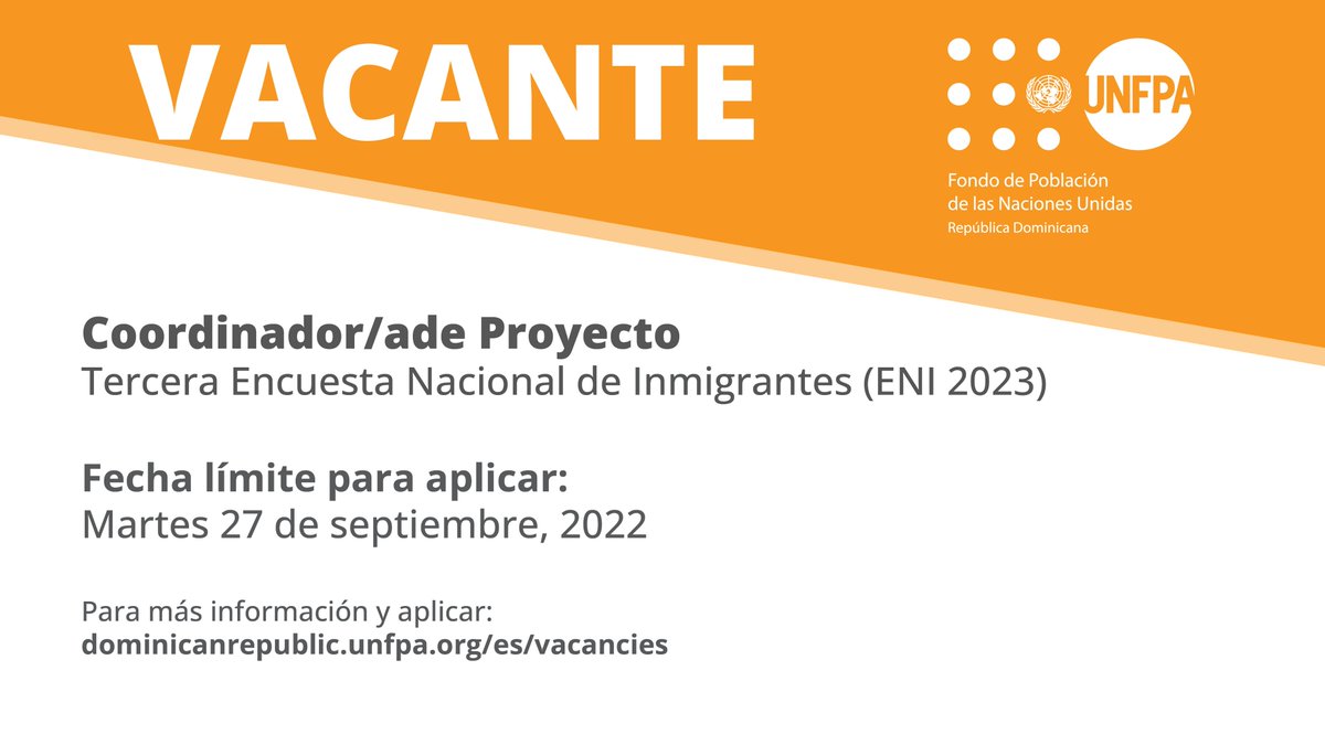 UNFPA_RD's tweet photo. ¡Trabaja con #UNFPARD!

El Fondo de Población de las Naciones Unidas (UNFPA) está buscando coordinador/a del Proyecto Tercera Encuesta Nacional de Inmigrantes (ENI 2023)

Aplica aquí: https://t.co/PNOin1B1Gp https://t.co/m625LzWTZ7