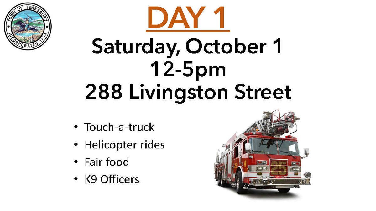 This year's fall festival is a two-day affair! Day 1 features visitors from <a href="/TewksburyPD/">Tewksbury Police</a> <a href="/TewksburyFire/">Tewksbury Fire Dept</a> and if we cross our fingers, <a href="/TPDWaffles/">Officer Waffles</a>!! Questions about the festival? Contact Alexandra Lowder at alowder@tewksbury-ma.gov