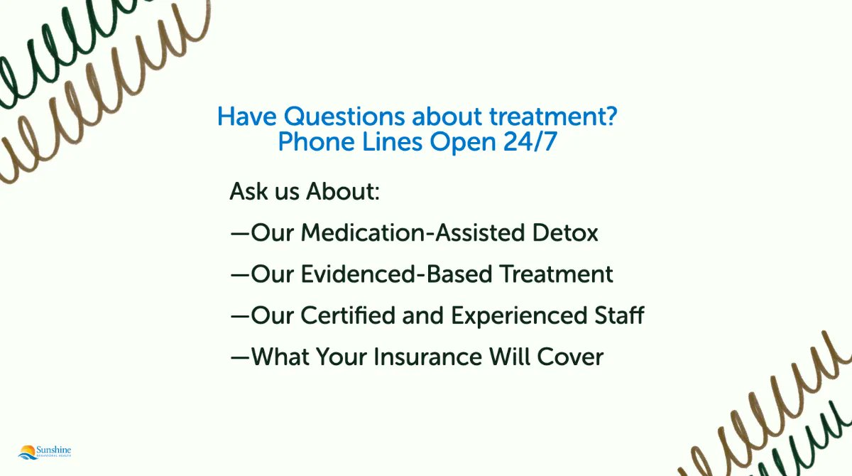 SunshineBHealth's tweet photo. Have Questions about treatment?
Phone Lines Open 24/7

Ask us About:
—Our Medication-Assisted Detox
—Our Evidenced-Based Treatment
—Our Certified and Experienced Staff
—What Your Insurance Will Cover 

https://t.co/dqs5zieAcm 

#sobriety #addiction #rehab #substanceabuse #detox https://t.co/8xCjyrEZFW