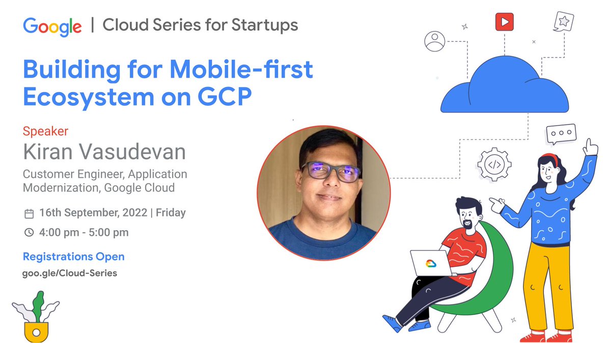 GoogleDevsIN's tweet photo. Join us for the session; "Building for Mobile-first Ecosystem on GCP" by @Vasudevan4Kiran, Customer Engineer, #GooglCloud, as a part of #CloudSeries for Startups.
Learn the fundamentals of the Platform, Processes for building, & more.
📆: Sep 16
Register:https://t.co/aAKvmYdpAL https://t.co/E3KNpCMIeO