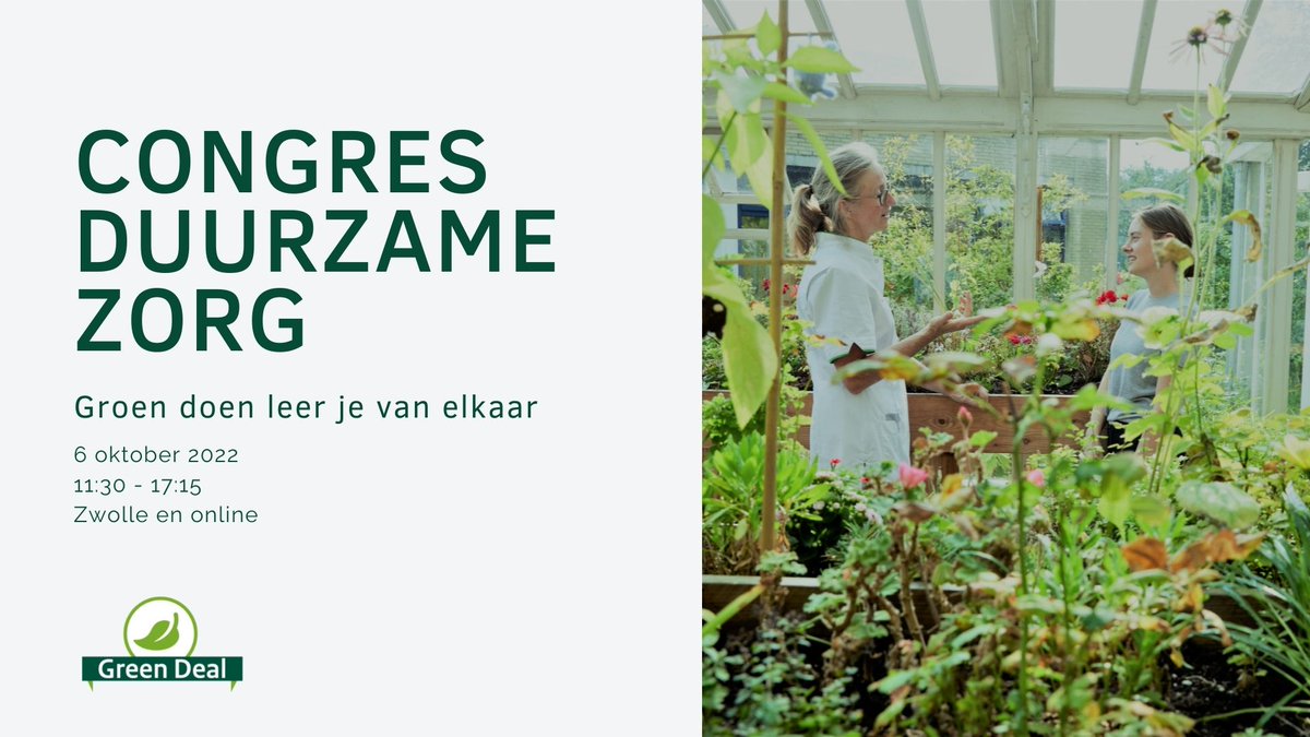 Groen doen leer je van elkaar! Op 6 oktober komt de groene zorg samen tijdens het Congres Duurzame Zorg 🍃 Zien we je op 6 oktober? Deelname is gratis. Aanmelden kan via: …rzamezorg2022.evenementenbureauvws.nl/aanmelden/

#congresduurzamezorg #grendealduurzamezorg #greendeal #vergroendezorg
