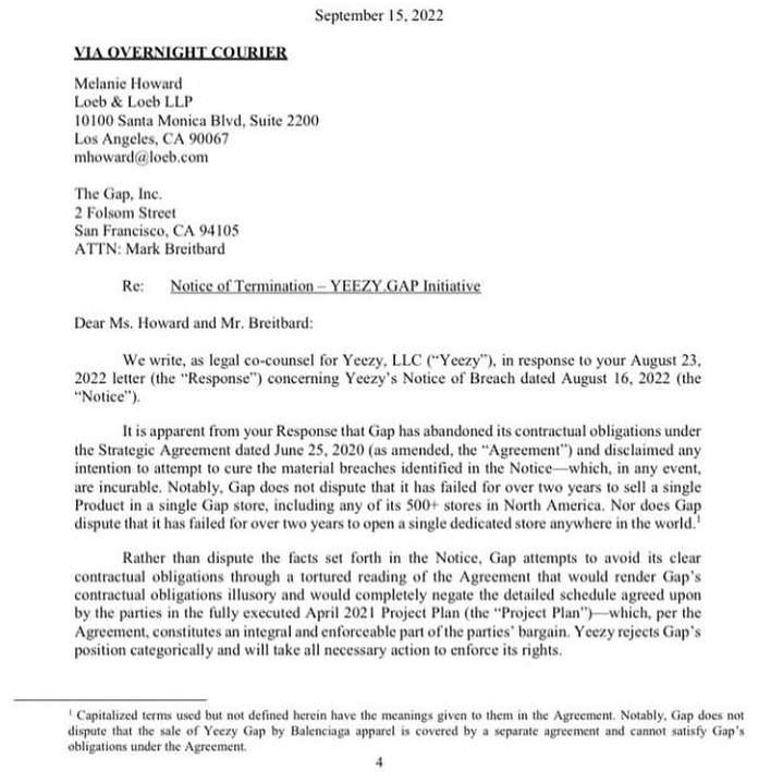 YE SENT NOTICE OF TERMINATION TO GAP