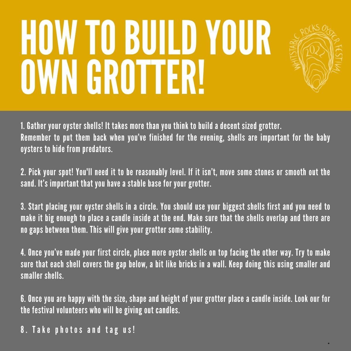 WROysterFest's tweet photo. Join us on long beach from 4pm till dark for grotter building and the ever magical lighting of the grotters.
Swipe to the next image for our step by step guide to building you own grotter!
Bring your own candle or look out for our volunteers who will be handing them out. https://t.co/TlIPysYsvE