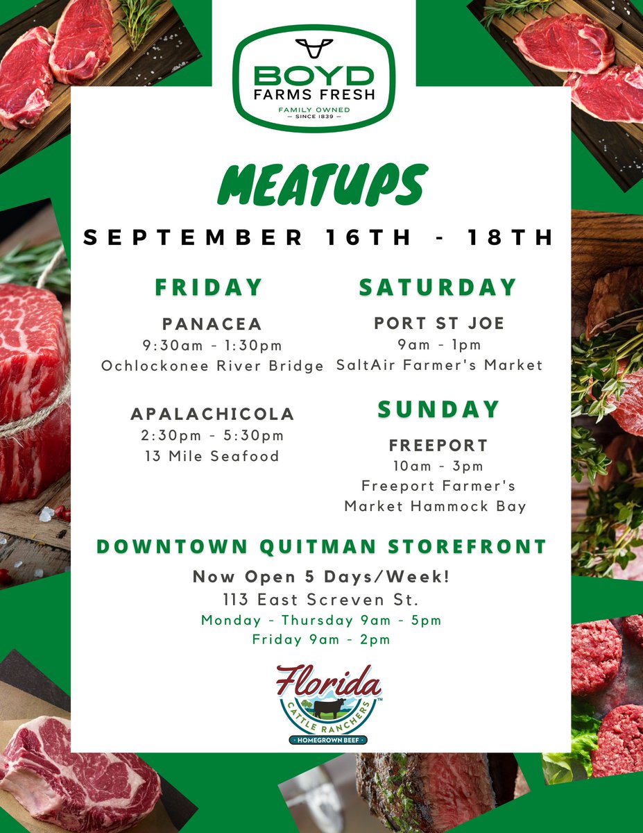 Here's where we'll be THIS WEEKEND for our #MEATUPS.  Our most up-to-date schedule is ALWAYS on our website: boydfarmsfresh.com/pages/schedule

Ground beef, Cowboy Ribeyes and Whole Tenderloins are 20% OFF!
PRE-ORDER NOW: boydfarmsfresh.com/collections/bf…