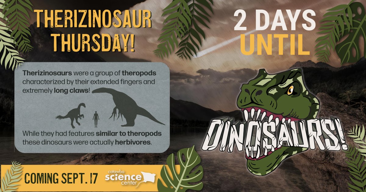 cscscience's tweet photo. Happy #Therizinosaur Thursday! 🦖 Only 2 Days until the #Dinosaurs Grand Opening! We will be sharing some fun Dino facts each day leading up to September 17th. Follow us for more!
#CSCScience #CatawbaScienceCenter #HickoryNC #828isGreat #MyCatawbaCounty #Science #Education #STEM https://t.co/E7rfOjHlvf