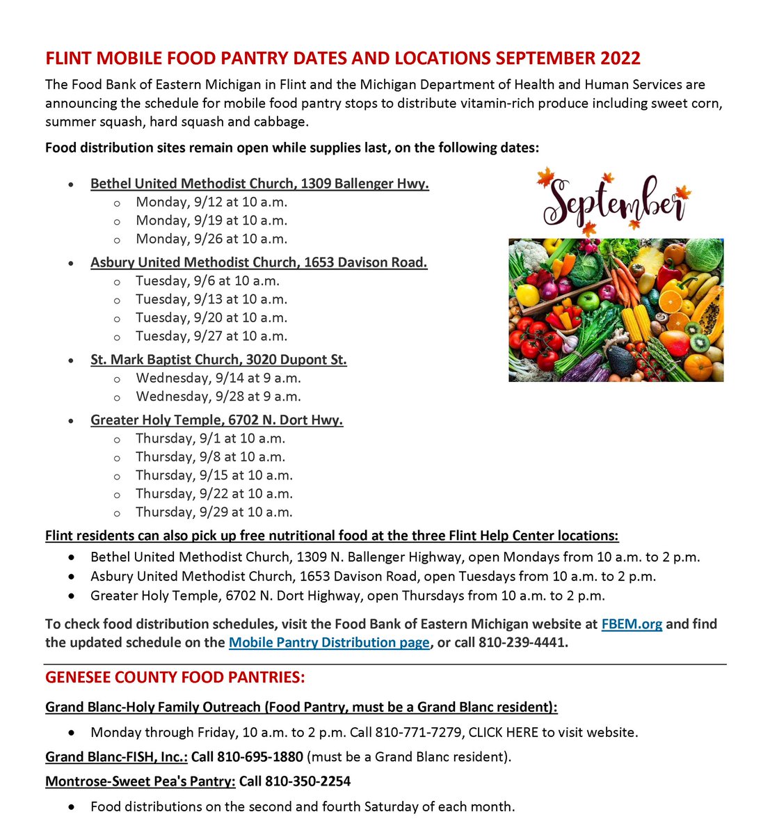Genesee Health Plan (@geneseehealth) on Twitter photo ๐๐๐๐ก๐ง ๐ ๐ข๐๐๐๐ ๐๐ข๐ข๐ ๐ฃ๐๐ก๐ง๐ฅ๐๐๐ฆ ๐๐ข๐ฅ ๐ฆ๐๐ฃ๐ง๐๐ ๐๐๐ฅ ๐ฎ๐ฌ๐ฎ๐ฎ!
Additional Genesee County Food Pantries can be found at: geneseehealthplan.org/2022/09/01/sepโฆ
TODAY 10am: Greater Holy Temple
#GeneseeCounty #FlintFoodPantries ๐๐๐๐ก๐ง ๐ ๐ข๐๐๐๐ ๐๐ข๐ข๐ ๐ฃ๐๐ก๐ง๐ฅ๐๐๐ฆ ๐๐ข๐ฅ ๐ฆ๐๐ฃ๐ง๐๐ ๐๐๐ฅ ๐ฎ๐ฌ๐ฎ๐ฎ!
Additional Genesee County Food Pantries can be found at: geneseehealthplan.org/2022/09/01/sepโฆ
TODAY 10am: Greater Holy Temple
#GeneseeCounty #FlintFoodPantries