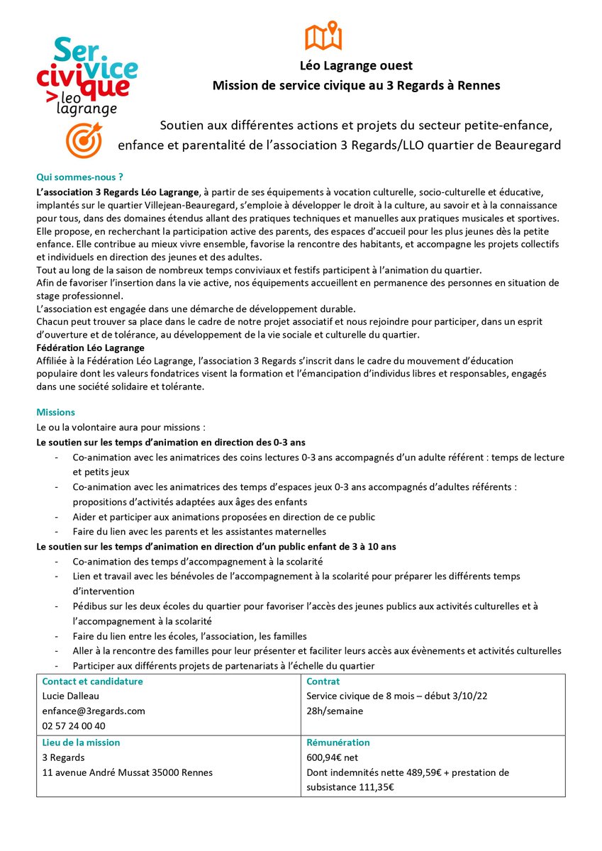 LL_Ouest's tweet photo. [📍ALERTE SERVICE CIVIQUE]
Vous avez entre 16 et 25 ans ? Vous êtes intéressé par les métiers de l’enfance ? Vous êtes basé à #Rennes ? L’association #3regards Léo Lagrange recrute une personne en #servicecivique, à partir du 3 octobre !
Plus d’informations ici 👇 https://t.co/df7bSofIPc