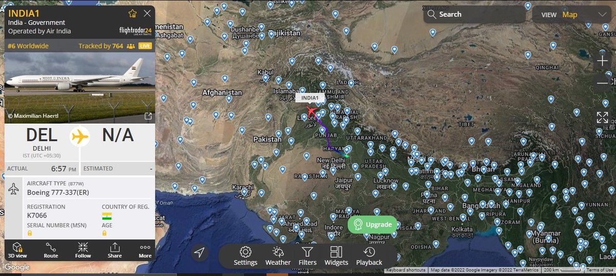 Defence_United_'s tweet photo. INDIA1
K7066
#IAF #Boeing777-337(ER) finally took off with PM Modi. It is heading to #Uzbekistan's #Samarkhand for the #SCO Summit. Currently, he is flying over #Pakistan's airspace. https://t.co/Ck5utuCpJS