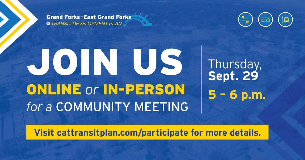 RideCATGF's tweet photo. Join us for a community meeting Sept. 29 from 5 – 6 p.m. online or in person at East Grand Forks City Hall. We’ll be sharing updates about the recommendations to improve transit service in the Grand Forks – East Grand Forks area, answering questions, and gathering your feedback. https://t.co/jRtYl3KSxg