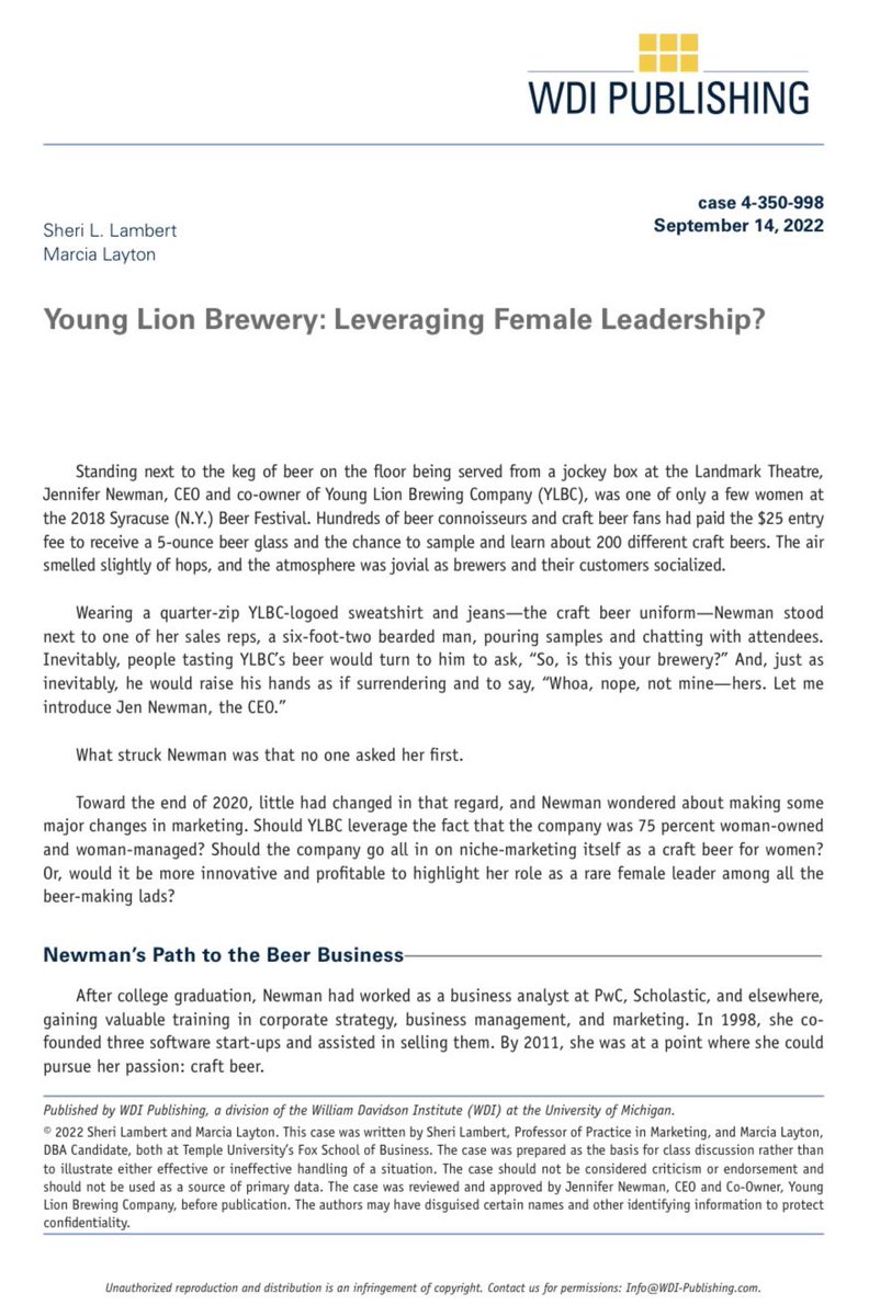New Case Alert 🚨 A DEI case on Young Lion Brewing Company, LLC #craftbeer  Shout out to my amazing coauthor, Marcia Layton Turner, and special thanks to Jennifer Newman. <a href="/YoungLionBrew/">Young Lion Brewing</a> 

WDI (William Davidson Institute) Publishing #4-350-998: lnkd.in