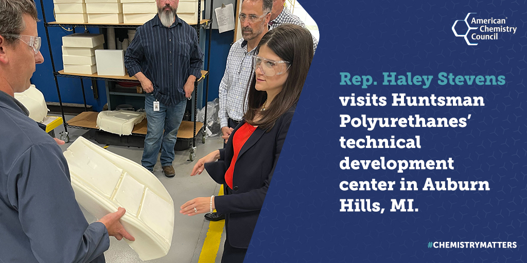Thank you to <a href="/RepHaleyStevens/">Rep. Haley Stevens</a> for visiting <a href="/Huntsman_Corp/">Huntsman Newsroom</a>'s technical development center for polyurethanes in Auburn Hills, Michigan! Here in Michigan, the polyurethanes industry as a whole supports nearly 40,000 direct jobs at an average salary of $95,000/year.