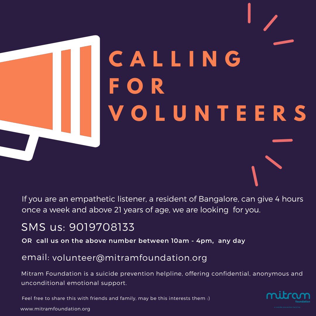 Mitram Foundation (@mitramhelpline) on Twitter photo Have you always wanted to Volunteer but didn’t know where to start?
SMS at 9019708133 or call between 10 am to 4 pm any day or email volunteer@mitramfoundation.org
#volunteer #help #bethere #mitram #helpline #suicideprevention #mentalhealthawareness #talk #emotionalsupport Have you always wanted to Volunteer but didn’t know where to start?
SMS at 9019708133 or call between 10 am to 4 pm any day or email volunteer@mitramfoundation.org
#volunteer #help #bethere #mitram #helpline #suicideprevention #mentalhealthawareness #talk #emotionalsupport