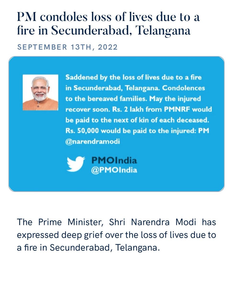 ZaveriBhai's tweet photo. PM condoles loss of lives due to a fire in Secunderabad, Telangana
https://t.co/H7pqYTljwK https://t.co/OCwL7GC2y0
