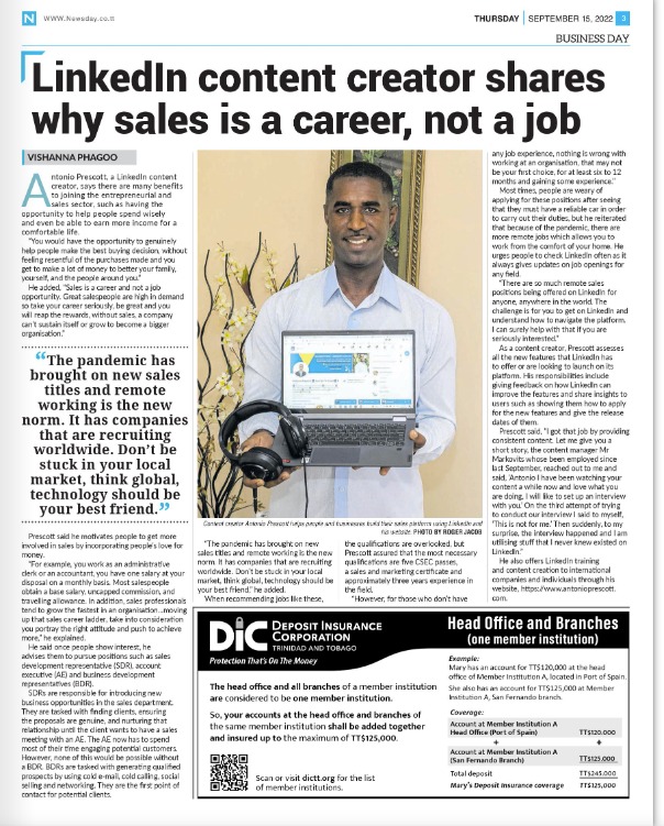 SalesWithAP's tweet photo. I am elated to know that @Newsday_TT published my story and to the awesome editor Vishanna Phagoo 

Thank you!

#contentcreation #LinkedIn #storytelling #smarketing #leadgeneration https://t.co/TjGHzGCnTA