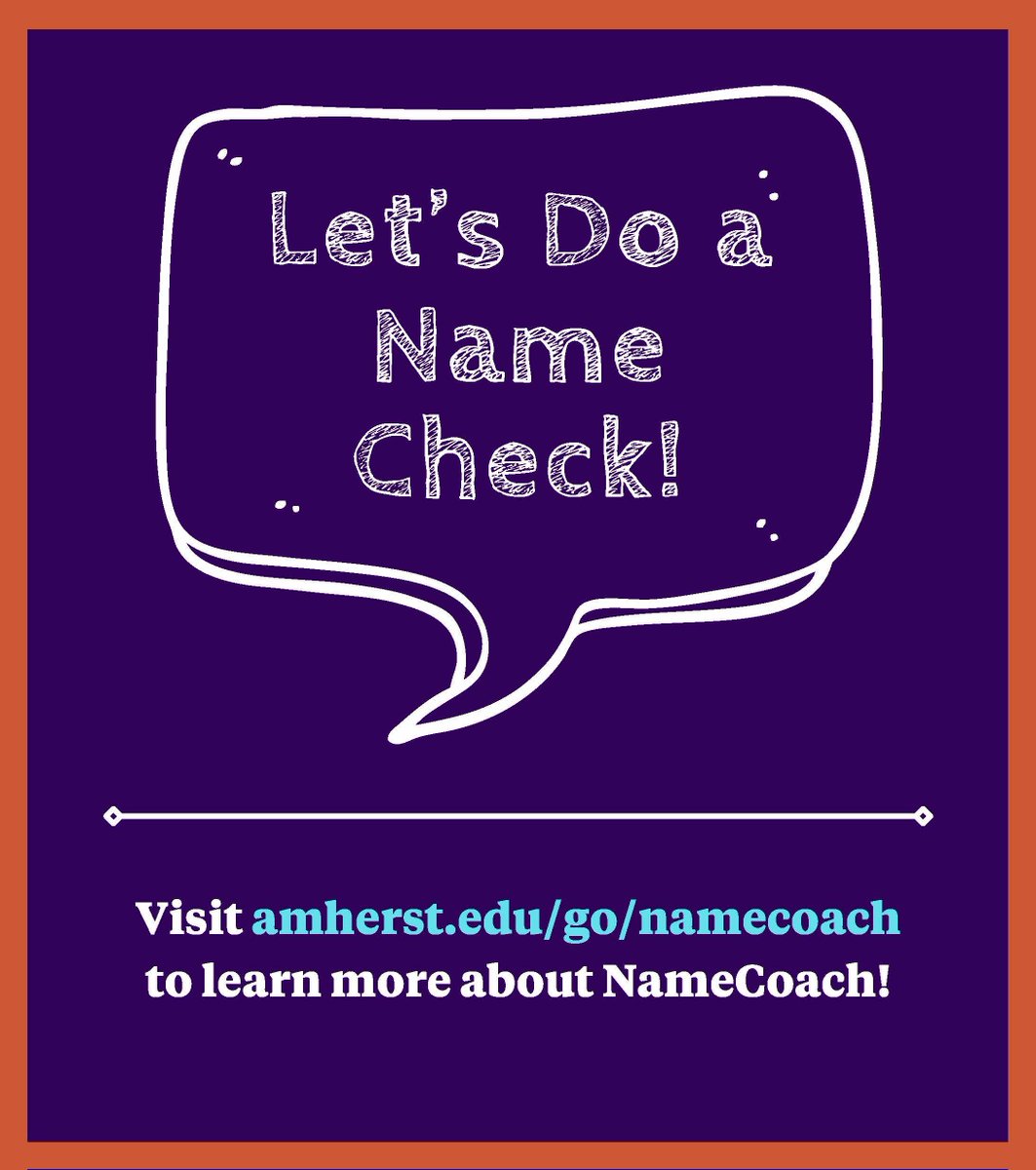 Amherst_ATS's tweet photo. Proper pronunciation is a form of #inclusion, too! Record your name using @NameCoach so others learn how to pronounce it. Easy, friendly – and community-building. You can even add NameCoach to Moodle! Learn more about #NameCoach @AmherstCollege: https://t.co/kOg46KlMlP https://t.co/KP2DHjGA4Z