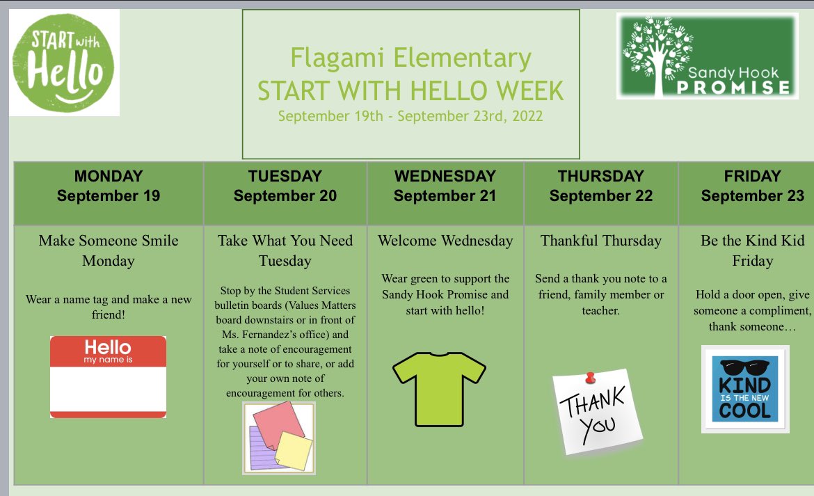 CounselorFlagam's tweet photo. Help us support Sandy Hook Promise’s Start with Hello initiative Sept. 19-23 @StdtSvcsMDCPS @FlagamiSchool https://t.co/d0UNvbUwYH