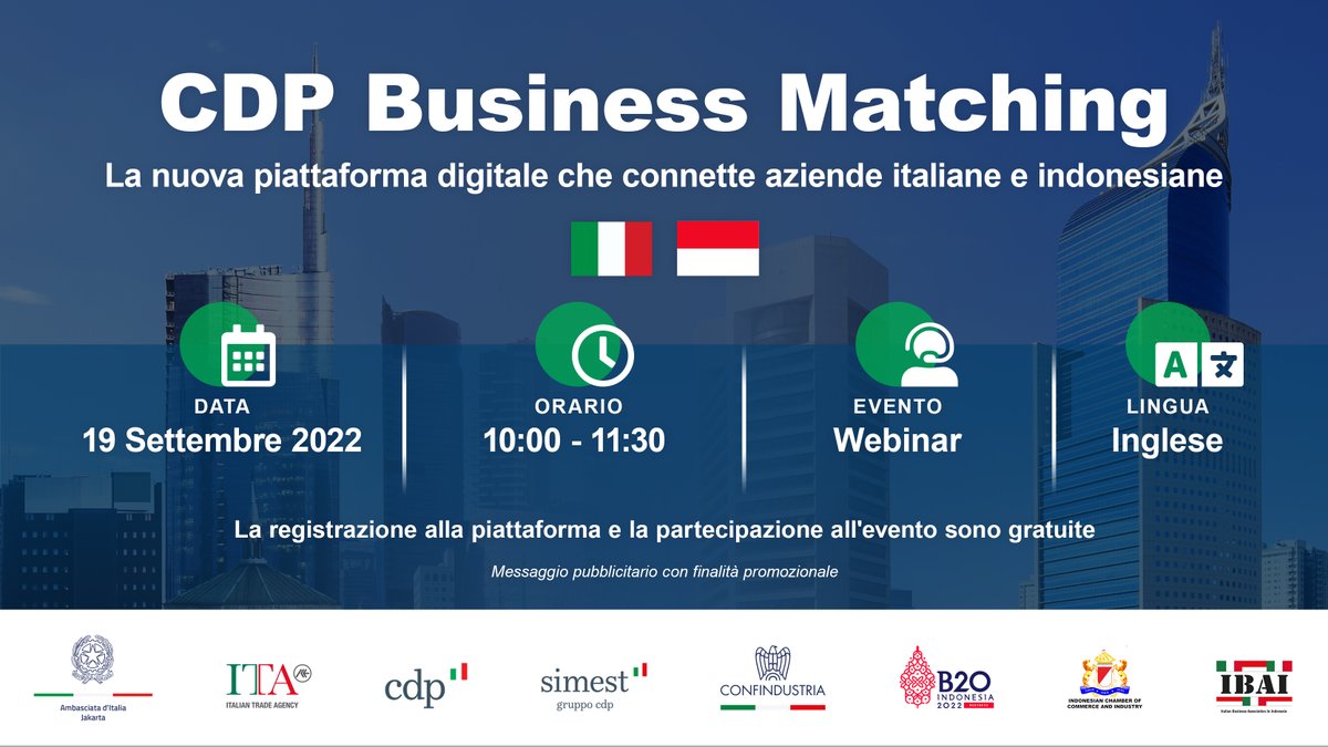 🗓️19 settembre, ore 10:00 (CEST): partecipa al #webinar “CDP #BusinessMatching, la piattaforma digitale e gratuita per sviluppare le relazioni commerciali tra imprese italiane e indonesiane”. 

Iscriviti ➡️ bit.ly/BusinessMatchi…