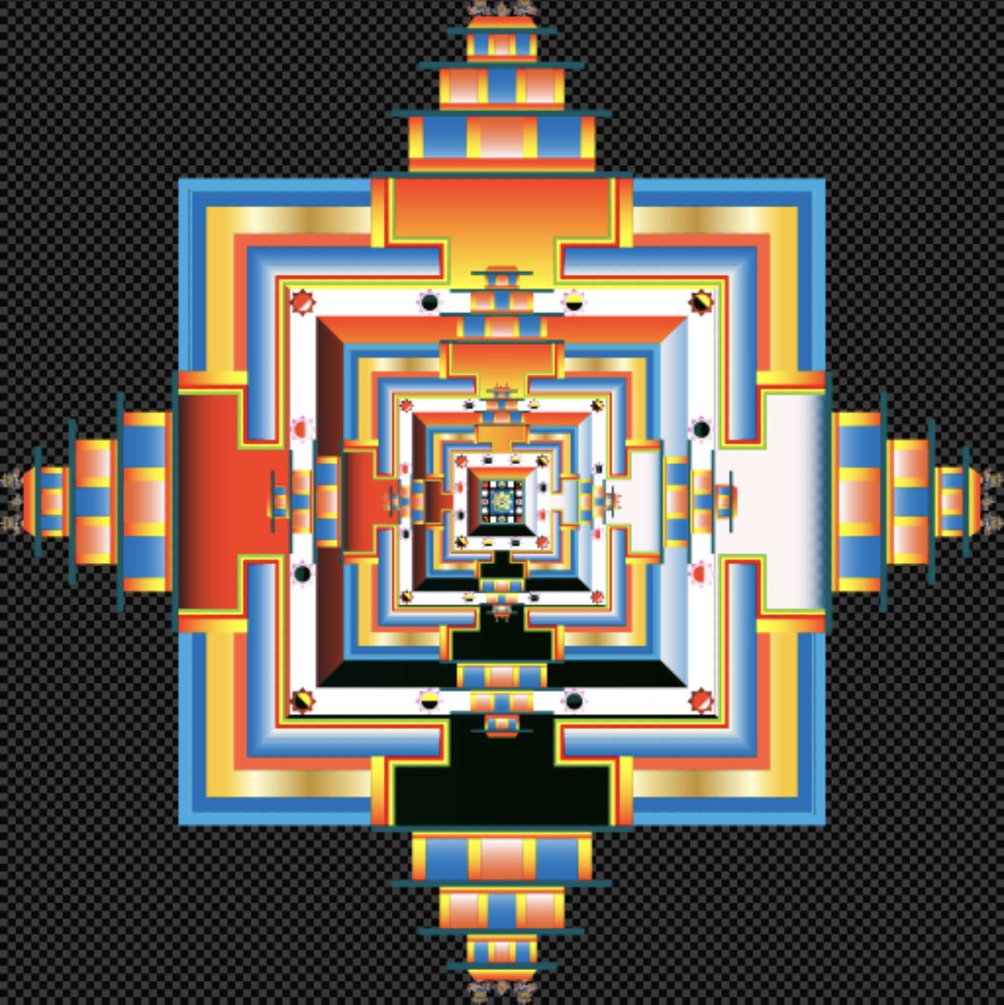 This palace has 5 floors, represented by 5 squares super-imposed on each other which is a support for teaching and meditation.
1. The body mandala
2. The speech mandala
3. The mind mandala
4. The consciousness mandala
5. The Bliss mandala, in the centre, with its lotus #NFTs