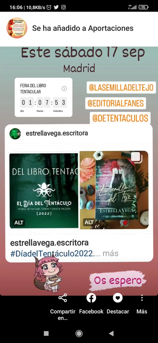 EstrellaV2019's tweet photo. Este sábado 17, en el Centro Cultural Carril del Conde, Madrid, participo en el día del #Tentáculo en el espacio de la #editorialtitanium.
Estoy deseando saludaros y charlar un ratito!
Si aún no nos hemos visto en persona, nos desvirtualizamos?
🤩🤩🤩🤩🤩 https://t.co/StObSPD7Fy