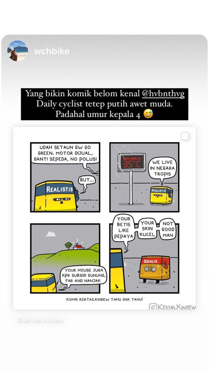 hvbnthvg's tweet photo. buat kleyan kleyan yang commute pake sepeda, tetap semangat ya!

jangan mau kalah sama orang-orang yang “realistis” 🙊

gue ga maksain semua orang harus gowes, tapi ya lo (selaku komikus) jangan “hina” orang yang udah mau gowes. Lo pikir taun 90an kalo siang suhunya berapa? https://t.co/GxXa5l9F4O
