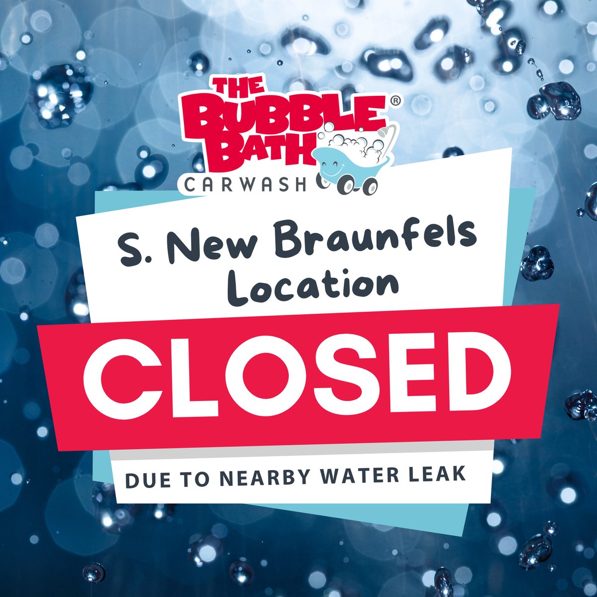 Good morning, Bubble Bath Fam! Due to a nearby water leak, our Southside location is shut down this morning. We are working with SAWS to get the wash open as soon as possible. Thank you for your patience &amp; see you soon!