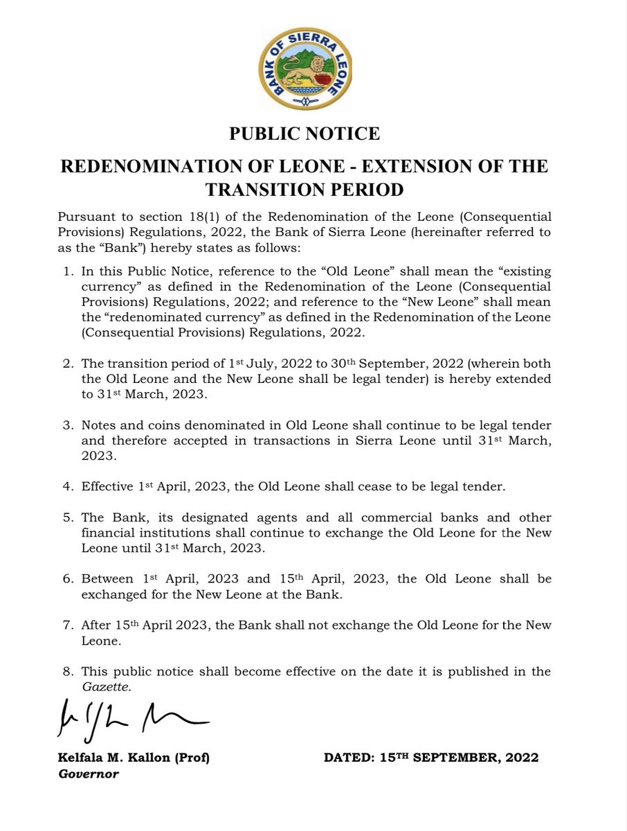 TheBettsFirm's tweet photo. 🚨Public Notice Alert🚨
The Bank of Sierra Leone has extended the deadline for the transition period of the redenomination of the Leones.
.
The Old Leones will still be a legal tender till 31st March 2023.
.
#Redenomination #BSL #SLEconomy #SaloneTwitter https://t.co/UiaIYDTG0u