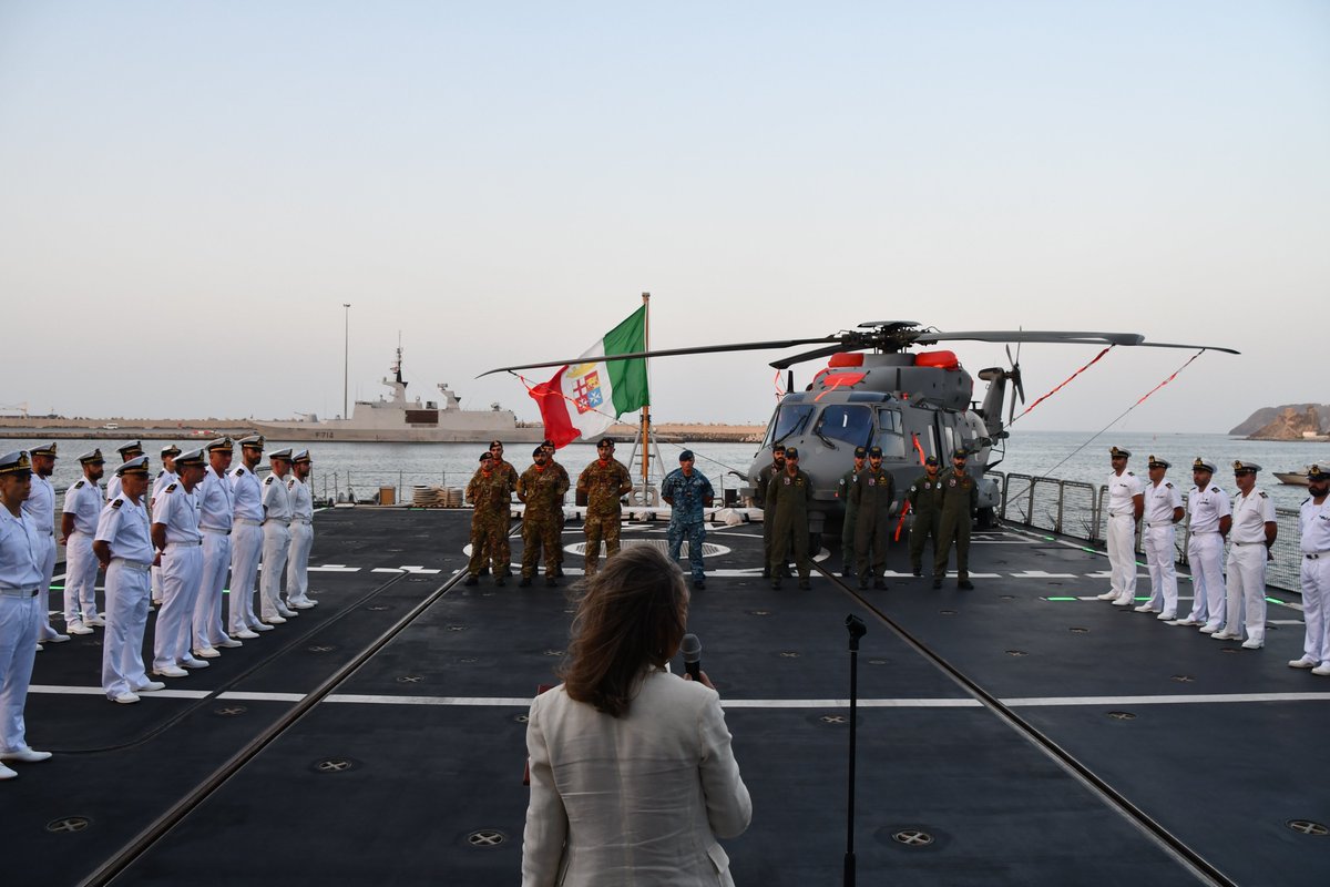 EMASOH_AGENOR's tweet photo. Meeting onboard 🇮🇹 Thaon di Revel together with 🇫🇷 Guépratte in 🇴🇲 Muscat between @EMASOH_AGENOR and European &amp; regional ambassadors and representatives for naval #diplomacy: freedom of navigation, de-escalation, and regional dialogue aiming for maritime security in the #Gulf. https://t.co/SJtq2w5iwO