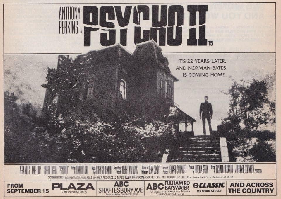 wilsongullis's tweet photo. Thirty-nine years ago today, Psycho II opened in UK cinemas #psychoii #psycho2 #anthonyperkins #filmsequel #1980s #1980sfilm #horrorfilm #normanbates #megtilly #1980sfilms #80sfilm #batesmotel #richardfranklin https://t.co/ObMUFKwcCM