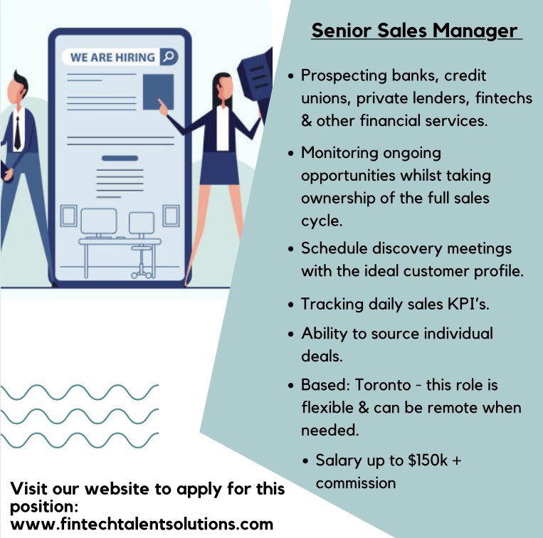 fintech_talent's tweet photo. Fintech Talent Solutions are currently recruiting for a proven Senior Sales Manager / to work for a Toronto based Fintech in Lending! 
•
•
To apply for this position please visit our website - https://t.co/SCdZLcb1lH 
•
•
#fintechnews #fintechstartup #fintechjobs #fintechs https://t.co/iRDHpDWVkD