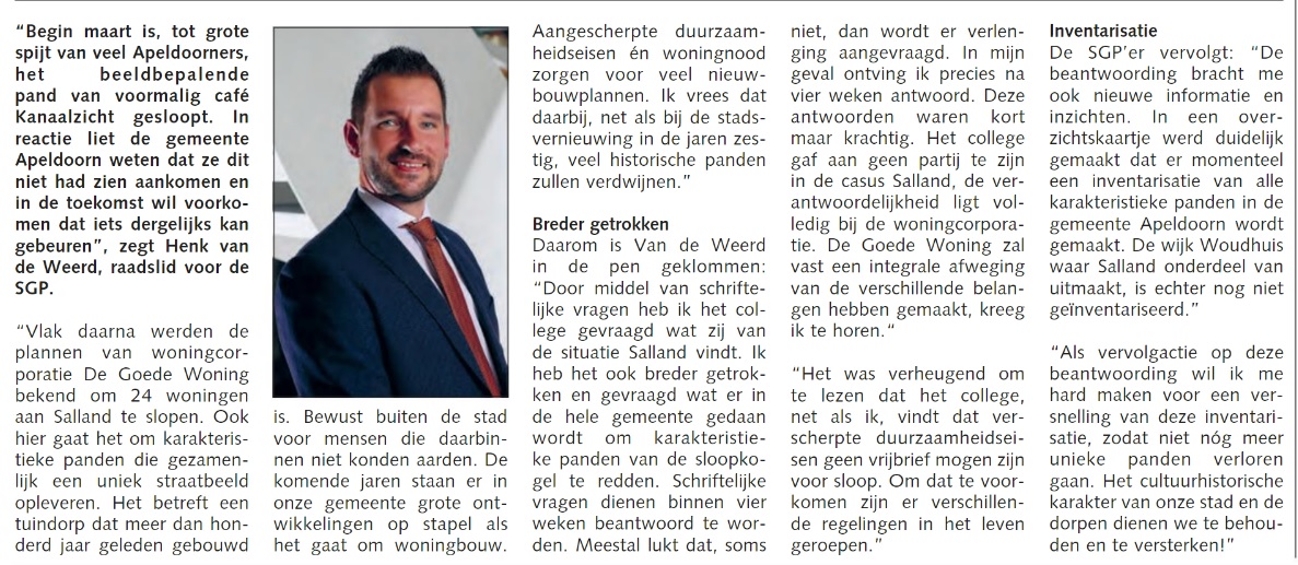 Ons raadslid <a href="/HenkvandeWeerd/">HenkvandeWeerd</a> is vorige week door <a href="/Stedendriehoek/">Stedendriehoek</a> geïnterviewd over zijn vragen aan het collega over het slopen van karakteristieke panden in <a href="/gem_apeldoorn/">Gemeente Apeldoorn</a>. Lees zijn bijdrage op onze website: apeldoorn.sgp.nl/actueel/nieuws…