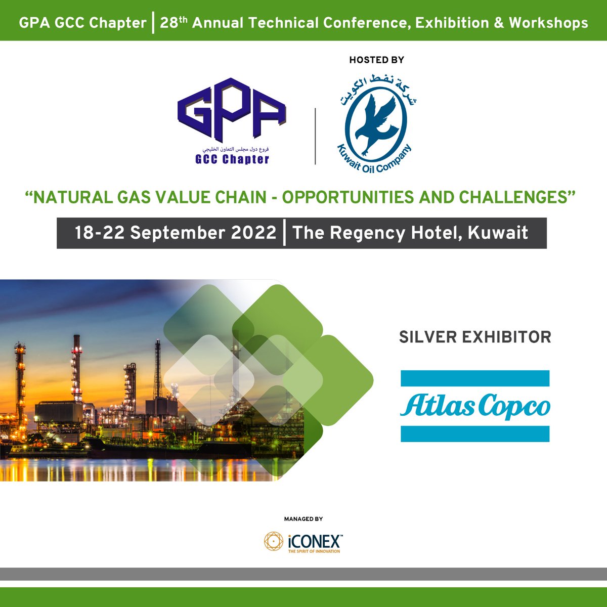 gpa_gcc_chapter's tweet photo. #GPAGCCChapter Welcomes @AtlasCopcoGroup as Silver Exhibitor
18-22 September 2022 I The Regency Hotel, Kuwait
#oilgas #gpagccchapter #gcc #energy #carbon #gas #naturalgas #response #readiness #iconex #iconexglobal #naturalgas #decarbonization #oilandgasindustry #gasoperations https://t.co/GTmDbG9WyJ