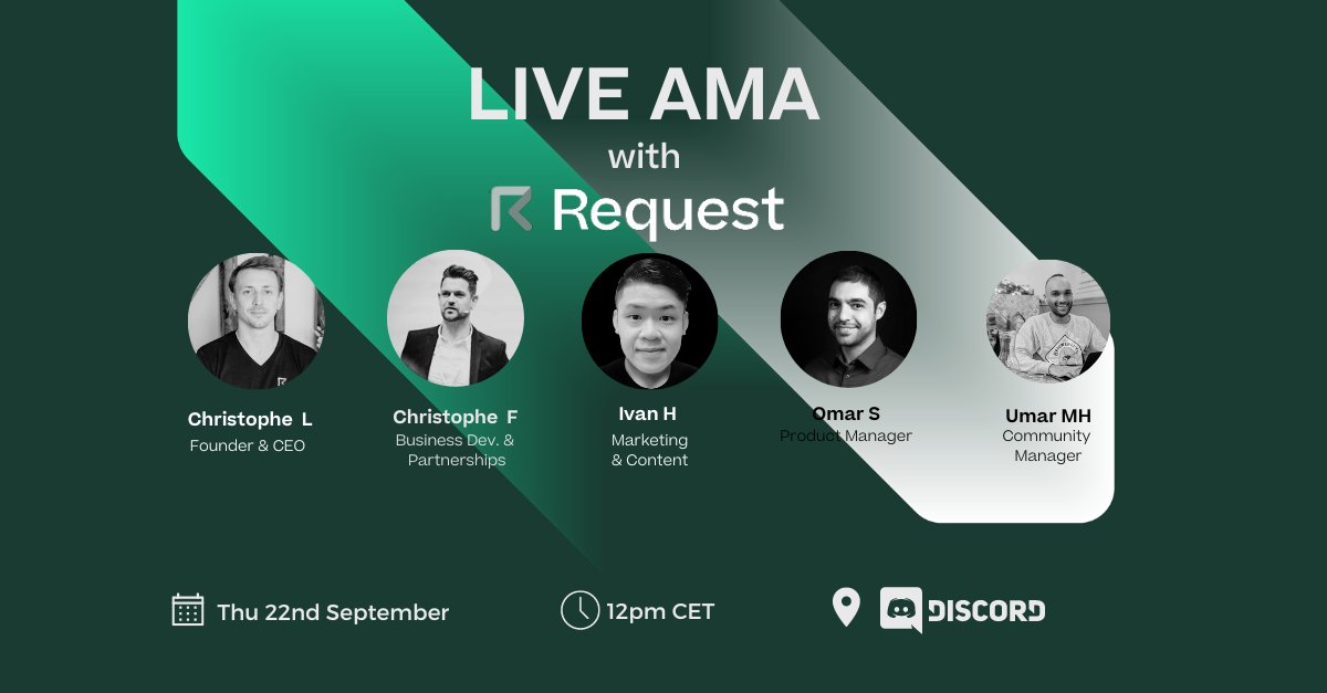 Join us for an AMA on Thu 22nd Sep at 12pmCET in the Request Discord (🎙Main Stage), with the team of <a href="/RequestFinance/">Request Finance</a> &amp; protocol

This is an opportunity for our community to get instant clarifications and hang out with our team members

⁉️AMA Questions to be posted in form below