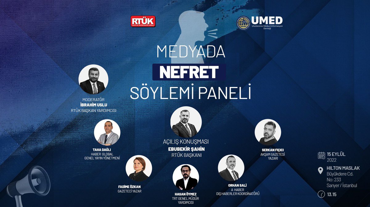 Bugün <a href="/rtukkurumsal/">RADYO VE TELEVİZYON ÜST KURULU</a> ve <a href="/MedyaUmed/">Uluslararası Medya Enformasyon Derneği (UMED)</a> iş birliğiyle düzenlenecek olan “Medyada Nefret Söylemi” Panelimizde geleneksel basınımıza ve yeni medya mecralarına rehber olacak nitelikte tartışmalar yaşanacak. Toplantımızın verimli geçmesini diliyorum.