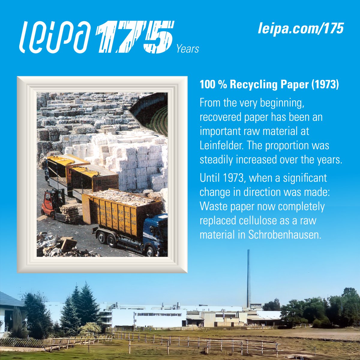 Leipa_Group's tweet photo. 175 years of LEIPA: Based on 100% recycled paper - In 1973 a significant change was made in Schrobenhausen: Waste paper now completely replaced cellulose as a raw material.
https://t.co/XLmPBNQcQc
Celebrate with us on https://t.co/ofPuMkfOQ5
#leipa #teamleipa #leipa175 https://t.co/XHDDU8WiO7