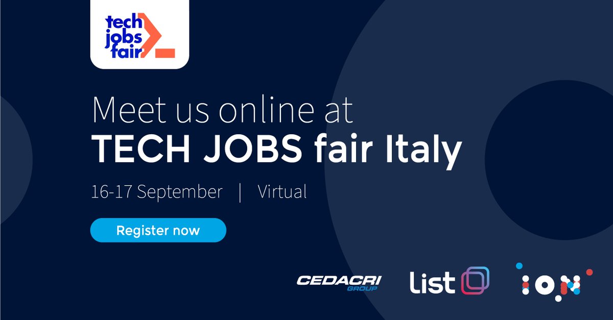 cedacri's tweet photo. Dal 16 al 17 settembre 2022 è in arrivo la fiera virtuale TECH JOBS fair.
Incontraci online e scopri le opportunità per laureati e professionisti.
Registrati ora su https://t.co/GMIYecMTCX 
#hiring https://t.co/pbaxg3NJPE