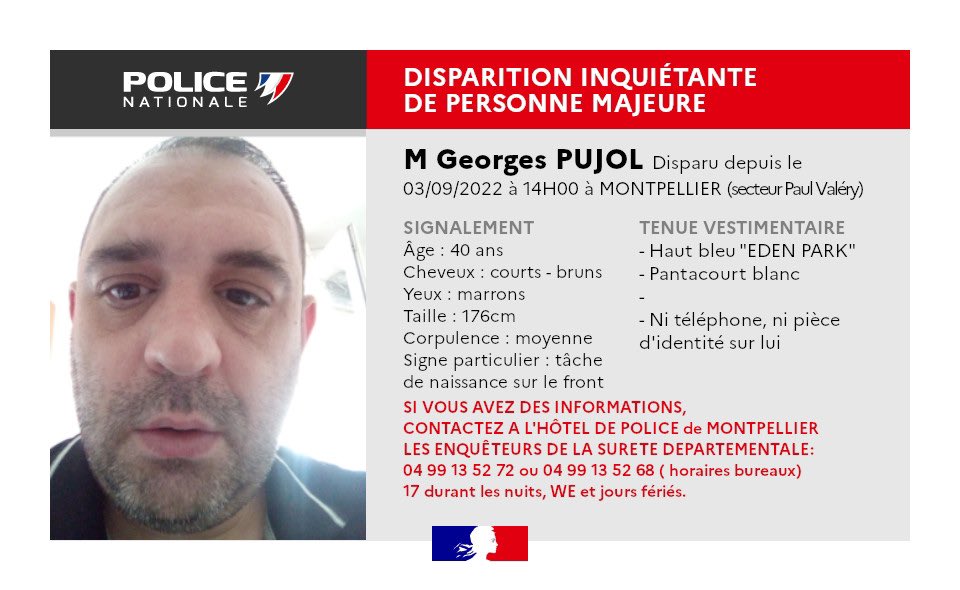 myMetropolitain's tweet photo. #Montpellier La @PoliceNat34 lance un appel à témoins pour retrouver Georges Pujol disparu depuis le 3 septembre dernier à 14h dans le secteur de Paul Valéry. Photo, signalements et service à contacter d’urgence si vous l’avez aperçu https://t.co/wmXOJMslgU