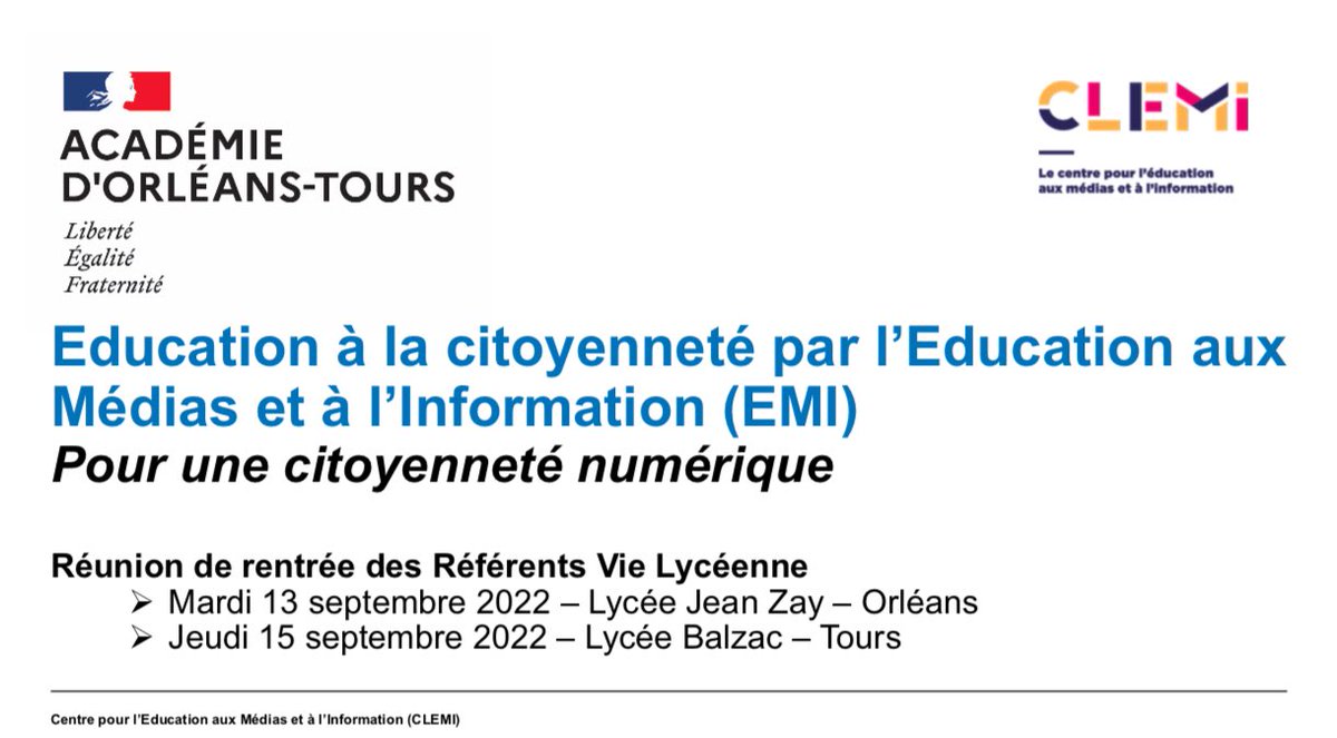 RafaelCauchi's tweet photo. 🔴 Ce jeudi 15/09 : seconde intervention @Clemi_ot à Tours auprès des référents Vie Lycéenne @ac_orleanstours (départements 36-37-41)
💬 Education à la citoyenneté/citoyenneté numérique par l’#EMI #EducMediasInfo
Merci @sylvaindisson #DAVL pour l’invitation 🙏 https://t.co/Ezs9E8cT3e