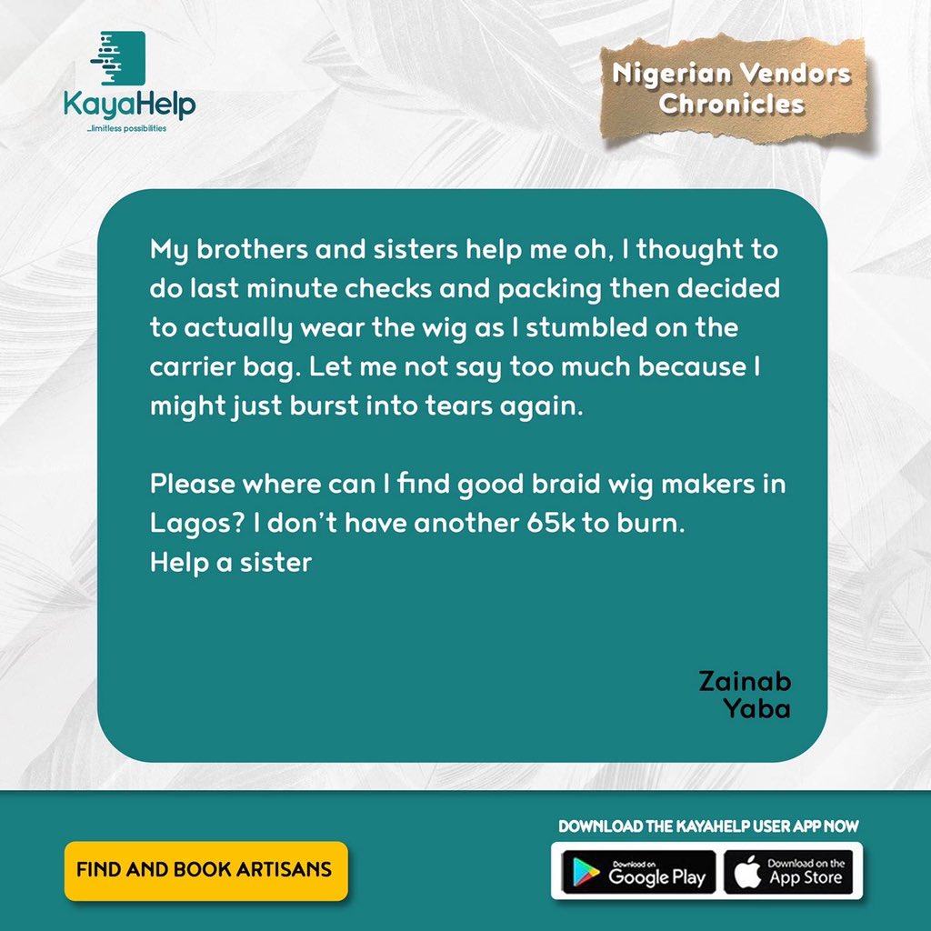 KayaHelp's tweet photo. Another gist for this TL 😂🤭

Please tag hair stylists for Zainab from Yaba 🙏

#KayaHelp
#KayaHelpForArtisans
#KayaHelpForUsers
#KayaHelpingMatters 
#UnlimitedPossibilitiesWithKaya https://t.co/J74tbUZqJo