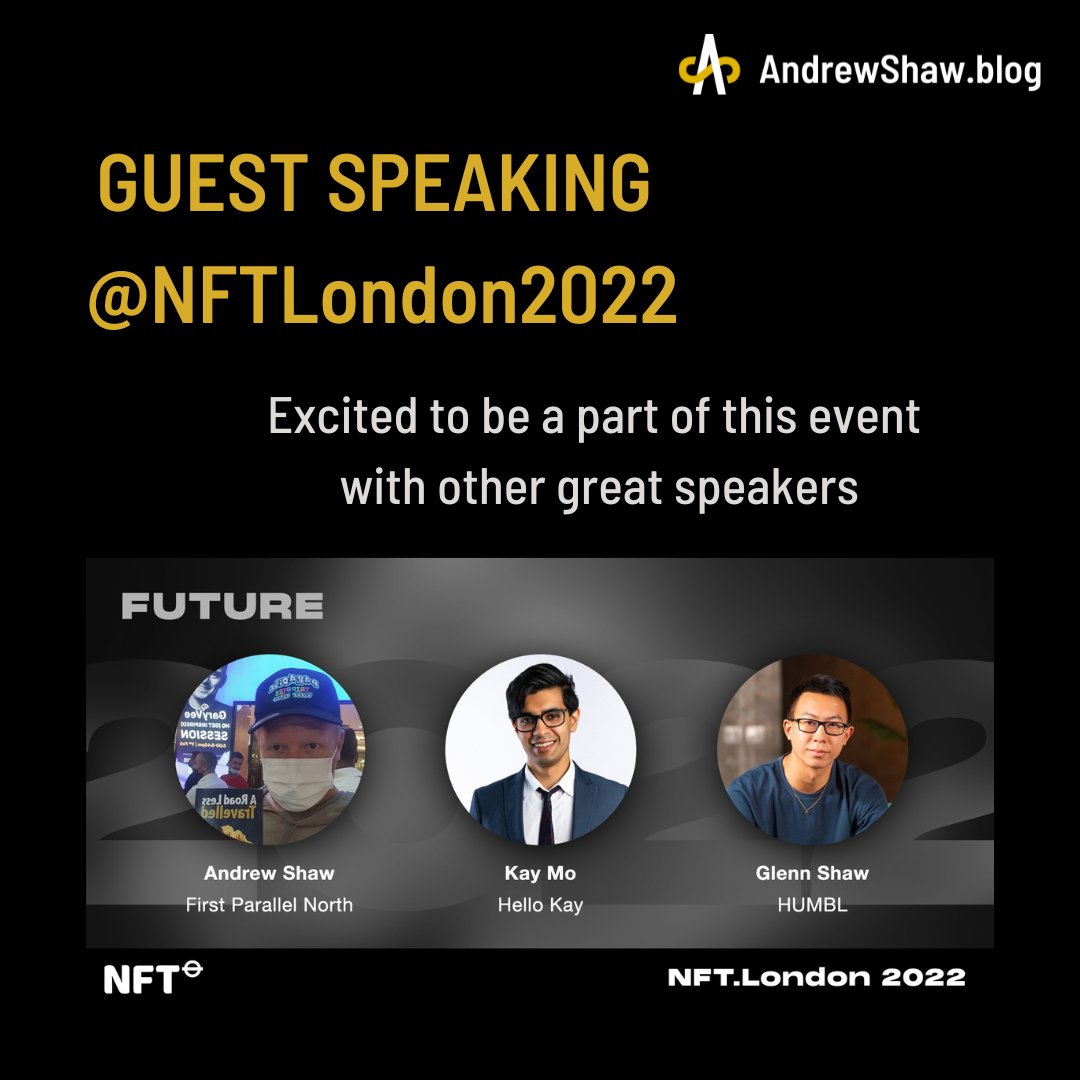 AndrewShaw_Blog's tweet photo. I'll be speaking on the Future Track at #NFTLondon2022 
On the use of NFT smart contracts and helping people manage their mental well being.
#nftdubai
#nftlondon2022
#web3
#nftsmartcontracts
#mentalhealth 
#mentalwellbeing
#artsdao
#bayc 
#murukami
#clonex
#rtfkt https://t.co/8dfD1mWfX5
