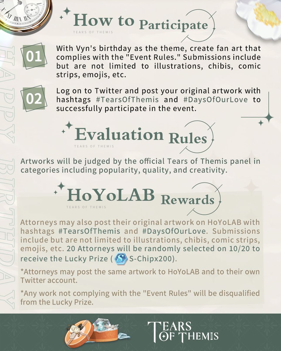 TearsofThemisEN's tweet photo. Vyn's Birthday Fan Art Event Begins

From love at first sight to forming a deep bond over time, capture the stories you've experienced with him and the sights you've admired together upon the canvas.

✅Check the images for full details
✅RT for a chance to win Vyn's b-day merch https://t.co/2aiJfgujSB