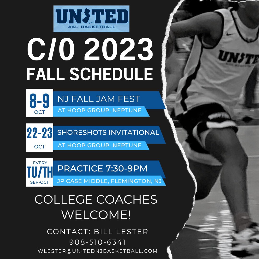 🏀 United 2023 🏀 
Fall Tournament Schedule:    
🗓 October 8-9
✔️Fall Jam Fest NJ
📍 <a href="/HoopGroupHQ/">Hoop Group HQ</a> 

🗓 October 22-23
✔️<a href="/NJShoreshotBoys/">NJ ShoreShots Boys</a> Invitational
📍 <a href="/HoopGroupHQ/">Hoop Group HQ</a> <a href="/davissadams/">Davis Adams</a> @joeganton <a href="/15Bigcam/">_bigcam.15</a>